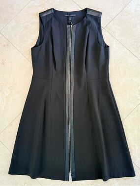 White House Black Market Black Zip Front Faux Leather Trim A-Line Dress Size 16